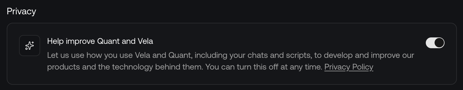 The Privacy section of Security settings with the Help improve Quant and Vela switch turned on