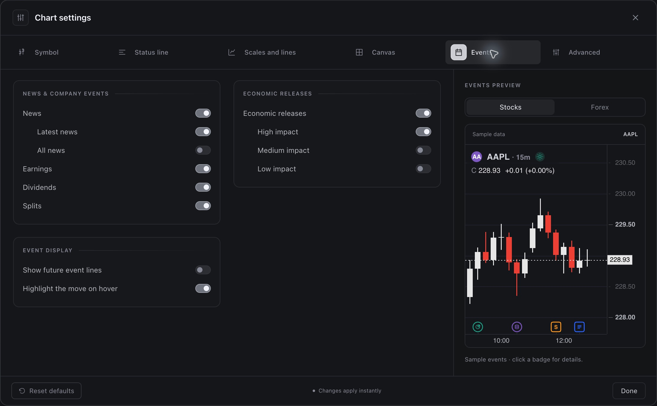 Events settings grouped into News and company events, Economic releases, and Event display, with a sample preview