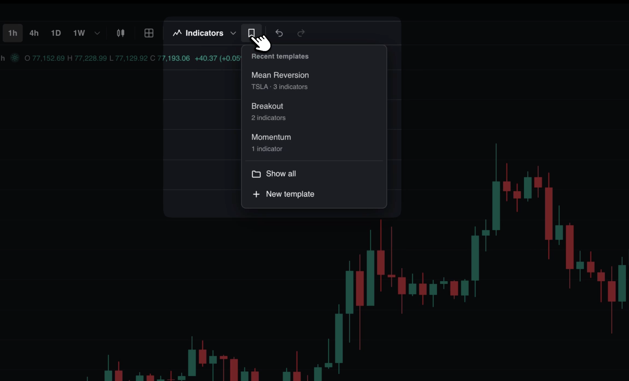 Indicator Templates menu showing recent templates, Show all, and New template