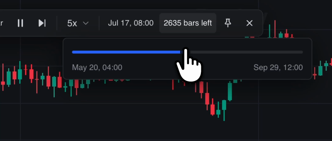 Replay history slider showing a selected point between the earliest and latest available dates