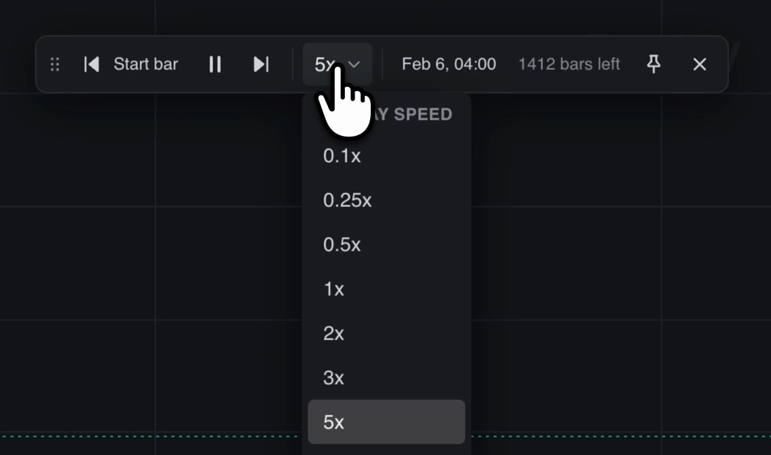Floating Replay toolbar with the Replay Speed menu open and slower and faster playback options