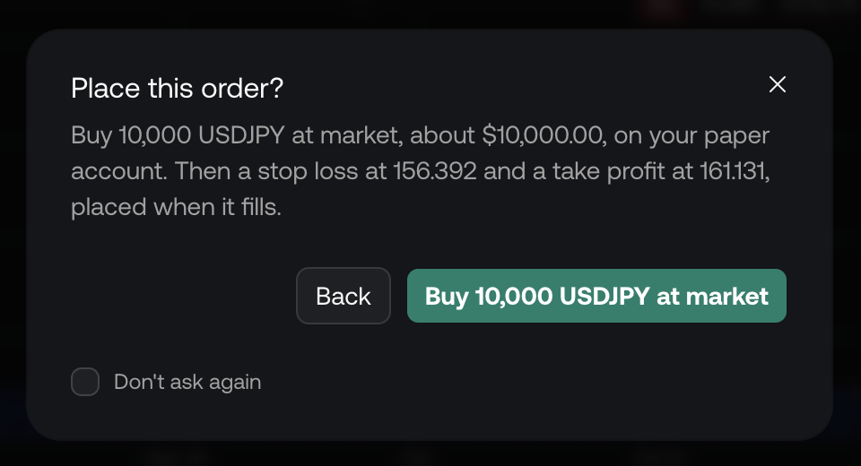 The Place this order confirmation for a market buy of 10,000 USDJPY with a stop loss and take profit