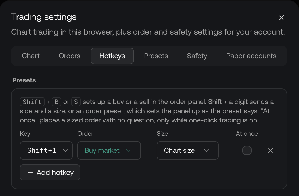 Trading settings on the Hotkeys tab, with a Shift+1 hotkey set to Buy market at the chart size