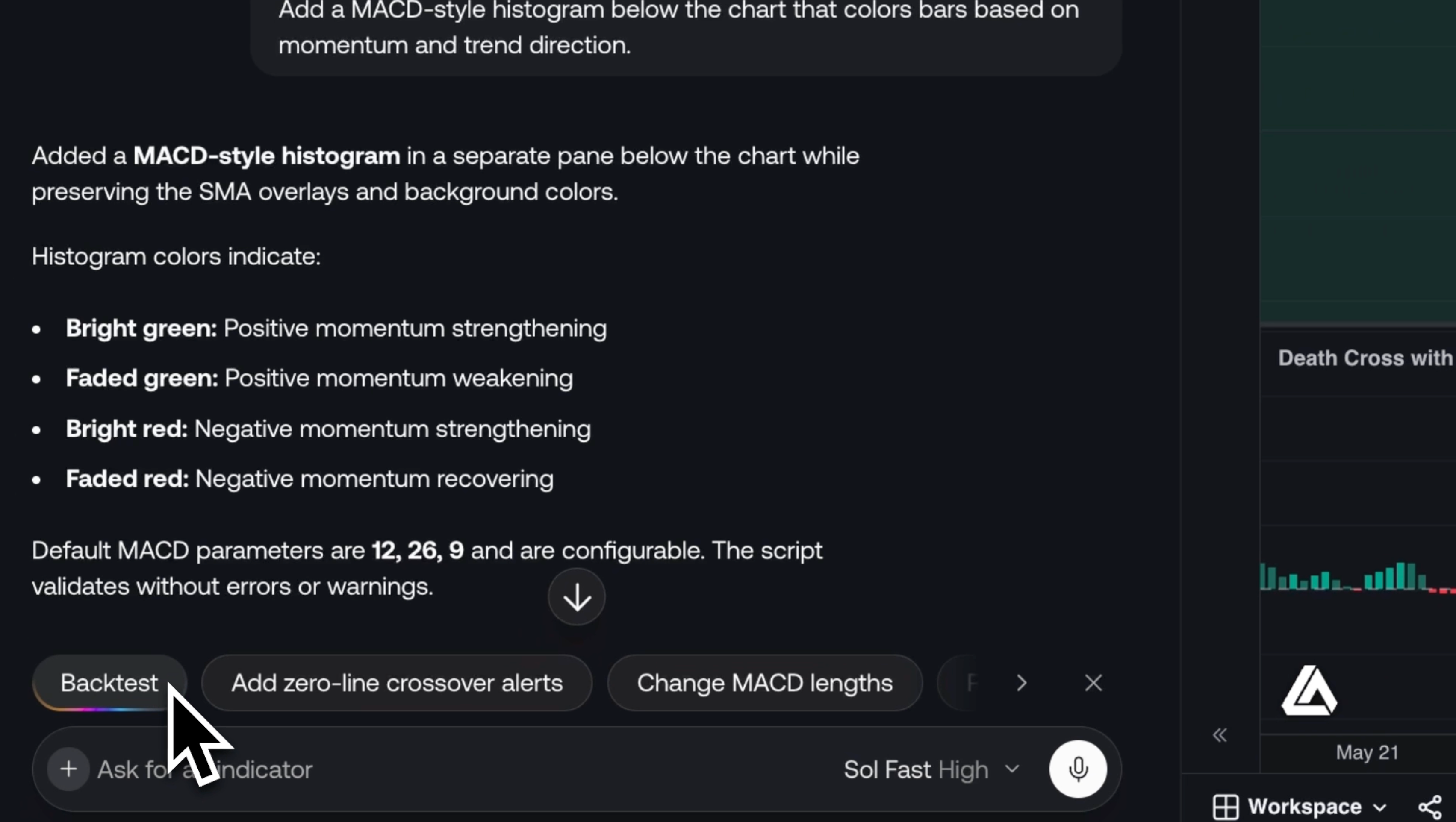 The Backtest button in Quant for converting an indicator into a strategy