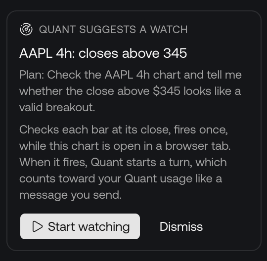 A Quant suggests a watch card for AAPL 4h closes above 345, with the plan, how it runs, and Start watching and Dismiss buttons