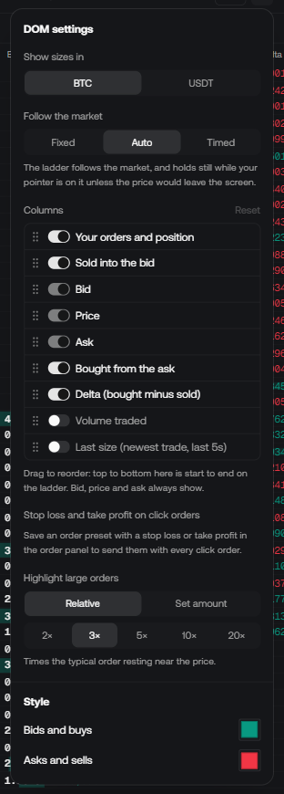 DOM settings: Show sizes in BTC or USDT, Follow the market set to Auto, a Columns list with switches and drag handles, Stop loss and take profit on click orders, Highlight large orders set to Relative 3x, and Style colors