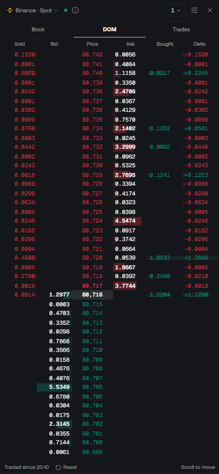 The DOM view with columns Sold, Bid, Price, Ask, Bought and Delta, the current price 80,716 in the middle, and a footer reading Traded since 20:10, Reset and Scroll to move