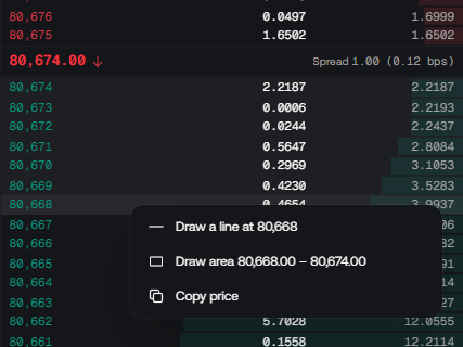 A right-click menu over a bid row at 80,668 with Draw a line at 80,668, Draw area 80,668.00 – 80,674.00 and Copy price