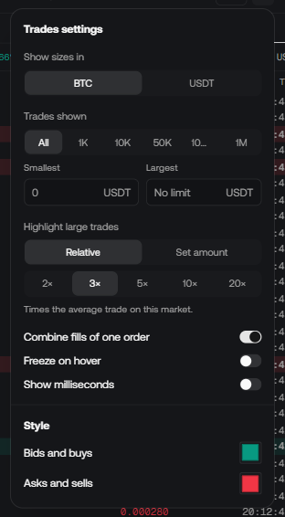 Trades settings: Show sizes in BTC or USDT, Trades shown from All to 1M, Smallest and Largest boxes, Highlight large trades set to Relative 3x, switches for Combine fills of one order, Freeze on hover and Show milliseconds, and Style colors